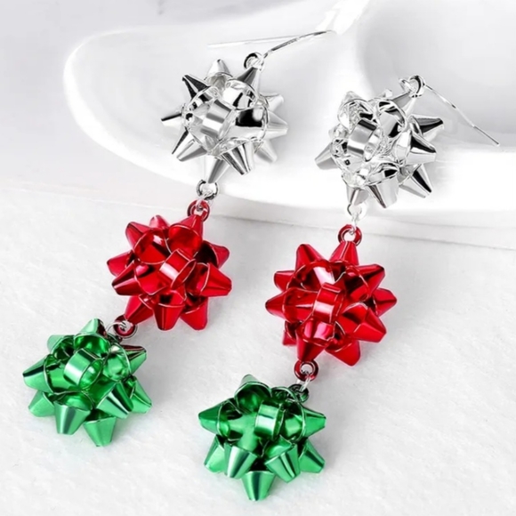 BethMGold Jewelry - I'll Try & Restock Christmas Bow Earrings Tiered Bow Earrings Silver Red Green